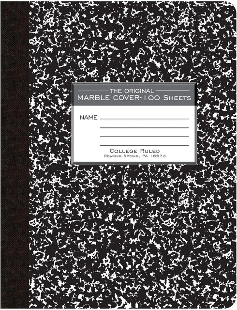 ROARING SPRING Hard Cover Composition Book, 9 3/4" x 7 1/2", College Ruled, 100 sheets, Black Marble Cover (77264)...