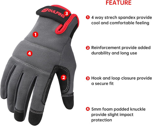 DULFINE Flex Grip Mechanic Work Gloves for Men,Black and Red Utility Safety Working Gloves Touch Screen,Excellent Grip,Ideal for Working on Cars a...
