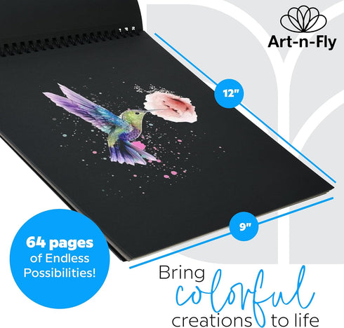 Art-N-Fly Black Sketch Pad Mini 5.5x8.5" 2 Pack - Black Paper Sketchbook for Drawings, Perforated Edge on Spiral 100 Sheets Total - Art Sketch Boo...