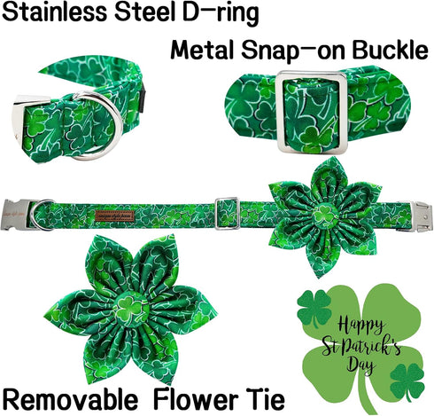Unique style paws St. Patrick's Day Dog Collar with Flower Green Clover Pet Collar for Small Medium Large Boys Girls Dogs-L...