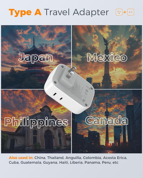 TESSAN US to Japan Plug Adapter 2 Prong to 3 Prong Outlet Adapter with 4 Outlets 3 USB (2 USB-C), Outlet Converter US to Japan China Mexico Philip...