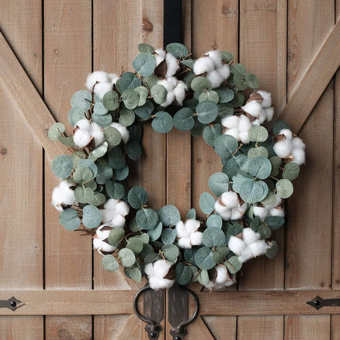 Idyllic Eucalyptus and Cotton Wreath, 14 Inches Artificial Wreath on a Natural Twig Base for Farmhouse, Garden, Wedding, Decor...
