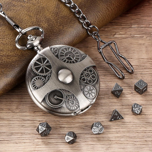 Mini DND Dice Set with Steampunk Gear Pocket Watch Shell Case, 7pcs Polyhedral Metal D&D Dice Set, DND Gifts with Gift Box, Role Playing Board Gam...