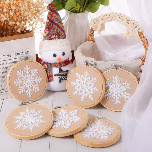 6 Sets Winter Embroidery Kit for Beginners Snowflakes Christmas Cross Kits DIY Needlepoint Kit with Patterns, Instructions, Embroidery Hoops, Thre...