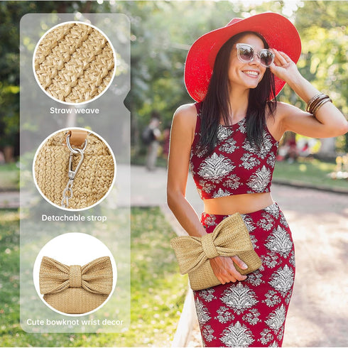 Straw Clutch Purse for Women, Bow Woven Beach Bag, Summer Evening Purse Vacation Handbag...