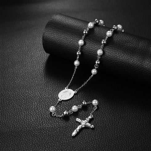 Religious Rosary Beaded Cross Necklace: Christian Beaded Stainless Steel Pearl Virgin Mary Medallion Y Necklace Jewelry Gifts for Women Men...