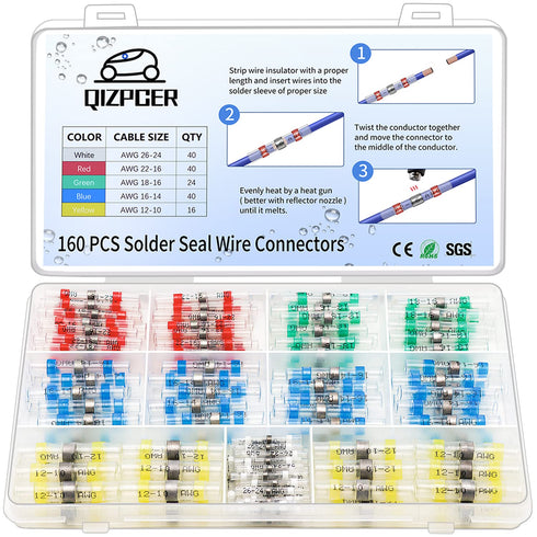 160 Pcs Solder Seal Wire Connectors Kit, Electrical Connectors Heat Shrink Wire Connectors Waterproof Electrical Cable Butt Terminals for Marine A...