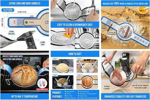Extra-long Dutch oven 2 PCS silicone re-useable bread baking sling mat + 1 bread lame. Wide sling handles, non-stick, heat resistant for sourdough...