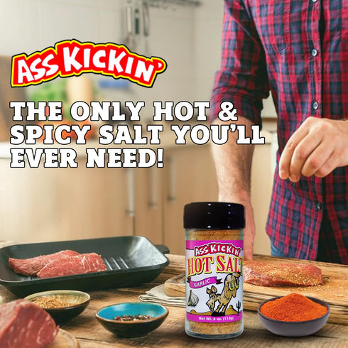 ASS KICKIN' Hot & Spicy Garlic Salt – 4oz. Shaker Jar - Perfect Flavored Salt for Popcorn Seasoning, Margarita Salt and French Fry Seasoning - Pre...