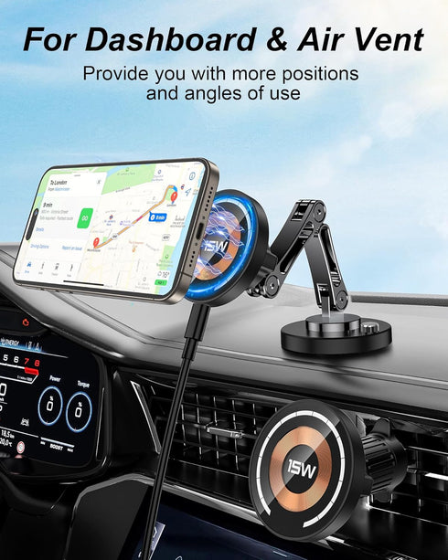 Car Phone Holder Mount, 15W Wireless Charger for car Magnetic Phone Holder Mount with Adjustable Arm, 360° Rotation Universal Dashboard car Mount ...
