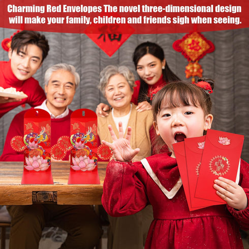 12pcs Chinese Red Envelopes, Three-Dimensional Creative Dragon Red Packet 2024 Lai See Envelopes 3D Pop Up Lucky Money Pocket Hong Bao for Chinese...
