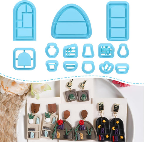 Sitsink Bookshelf Polymer Clay Cutters - 14 Pcs Bookcase Dangle Clay Cutters for Polymer Clay Earrings, Mini Potted Plant Clay Earring Cutters, 3D...
