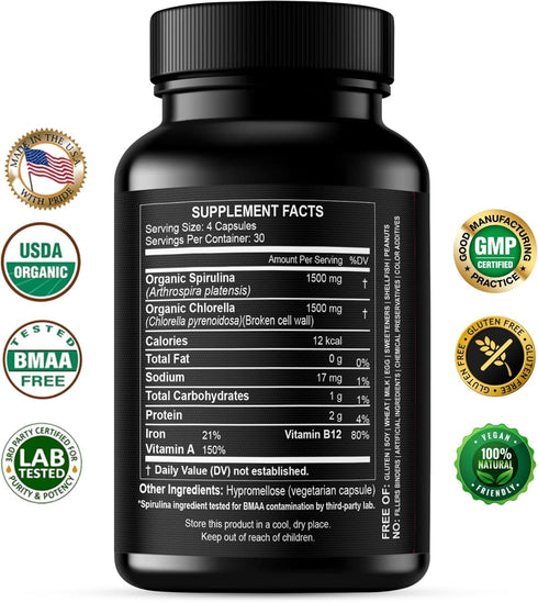 Chlorella Spirulina Powder Capsules Organic 3000 mg of BMAA Free Purest Blue Green Algae - Best Natural Detox Raw Vegan Vitamins Protein Green Sup...
