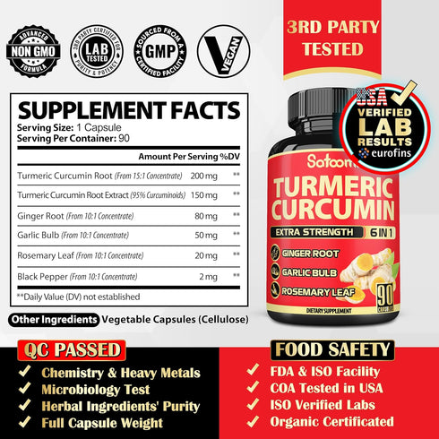 6in1 Turmeric Curcumin Supplement - 3 Month Supply - 95% Curcuminoids with Ginger Root, Garlic Bulb, Rosemary & Black Pepper - 90 Capsules...