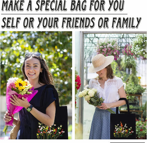 WADORN DIY Canvas Tote Bag Embroidery Kit, Black Canvas Bag Flower Cross Stitch Kit with Pattern and Instruction Personalized Bag Funny Hand Needl...