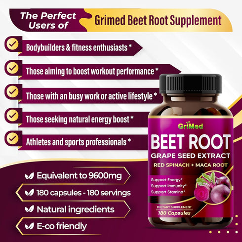 12,900mg Beet Root x12 Potency with Grape Seed Extract, Maca Root, Red Spinach, Ashwagandha - Healthy Energy Supplement for Heart Support (180 Cou...