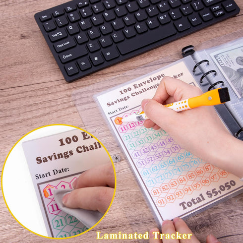 100 Envelopes Money Saving Challenge with 3 Reusable Laminated $5,050, 500, 10,000 Tracker Sheet, Money Saving Binder for Budgeting, A5 Budget Pla...