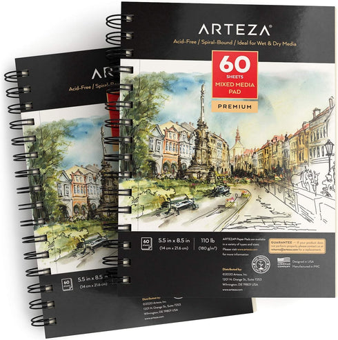 ARTEZA Mixed Media Sketchbook, 5.5 x 8.5 Inches, Pack of 1, 60 Sheets, Micro-Perforated Spiral-Bound Paper Pad for Wet and Dry Media...