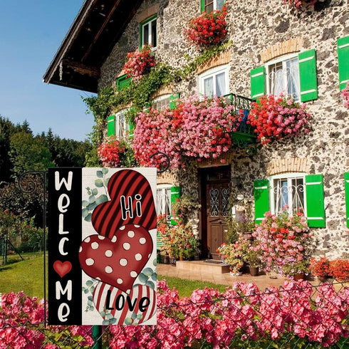 Love Heart Welcome Garden Flag, 12 X 18 Double-Sided Valentine's Day Anniversary Wedding Yards Decor, Burlap House Banner Outdoor Decoration...
