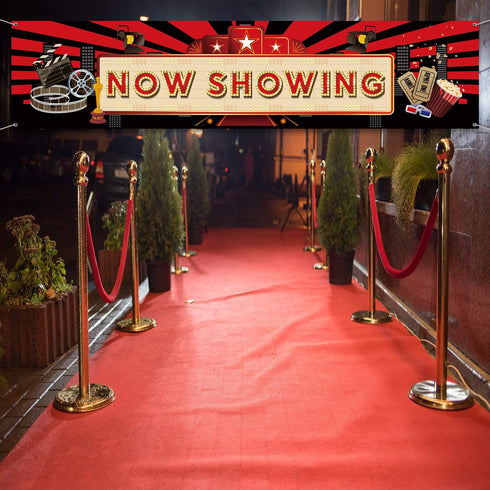 Blulu Movie Night Party Decorations 2025 Now Showing Banner 70. 8 x 15. 7 Inch Red Carpet Backdrop Decorations Movie Backdrop Birthday Party Banne...