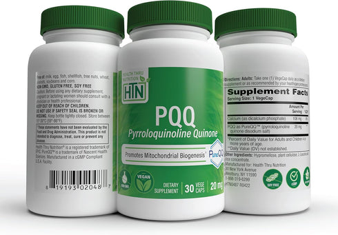Health Thru Nutrition PQQ 20mg 30 Servings Pyrroloquinoline Quinone as PureQQ | Promotes Mitochondrial Biogenesis | Certified Vegan | Non-GMO Glut...