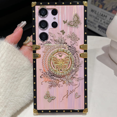 for Samsung Galaxy S24 Ultra Kickstand Case, Cute Luxury Glitter Bling Sparkly Diamond Butterfly with Ring Stand Floral TPU Bumper Shockproof Wome...