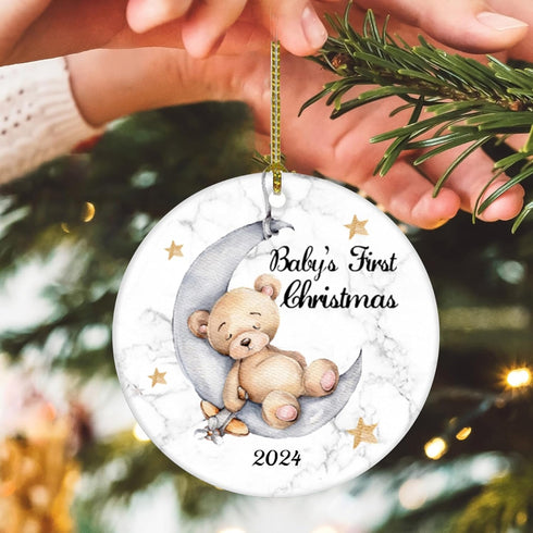 Baby's First Christmas 2025 Boy Bear on The Moon Baby Ornament Christmas Wedding Decoration Baby Ornament Newlywed 2025 (Yellow and White Baby Bea...