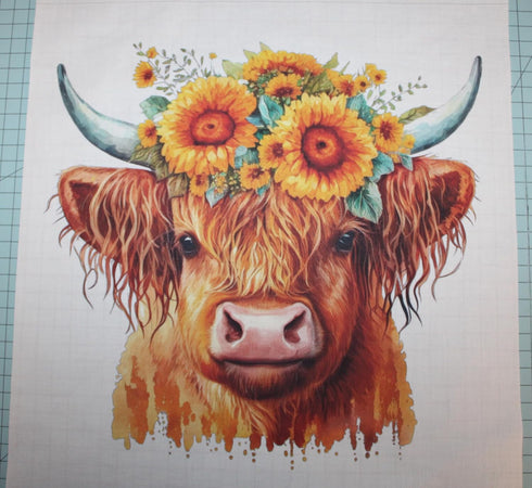 Fabric Panel 14"x14" Sunflower Highland Cow 100% Cotton Quilting Panel Square B42...