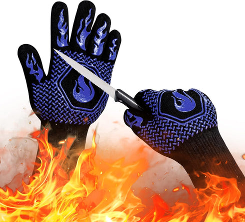 BBQ Fireproof Gloves, Grill Cut-Resistant Gloves 1472°F Heat Resistant Gloves, Non-Slip Silicone Oven Gloves, Kitchen Safe Cooking Gloves for Oven...