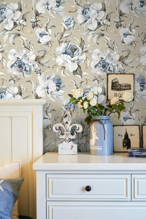 HAOKHOME 94030-2 Vintage Damask Wallpaper Peel and Stick Floral Removable Wall Paper Tan/Cream/Blue for Bedroom Contact Paper 17.7in x 9.8ft...