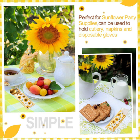 100 Pieces Silverware Bags Sunflower Party Supplies Wedding Silverware Sleeves Sunflower Themed Utensil Holder Paper Silverware Bag Disposable Cut...