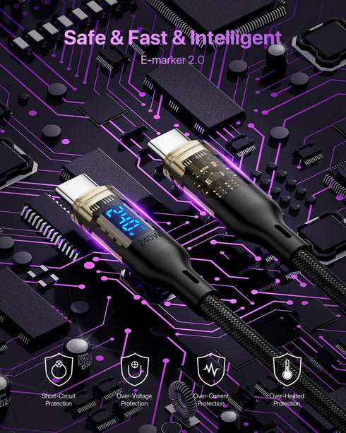 240W USB C to USB C Transparent Cable with LED Display Compatible with 140W 100W Fast Charging for MacBook Pro,lPhone15/15Pro/15ProMax,Samsung Gal...