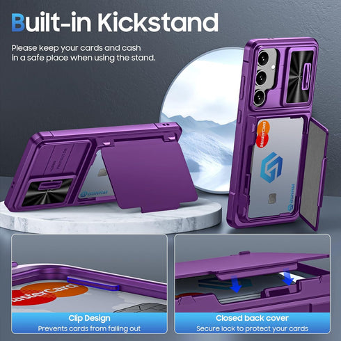 for Samsung Galaxy S24+ Plus Case with Card Holder, Slide Camera Cover & Built-in RFID Blocking & Durable Kickstand Silicone Edge Shockproof Walle...