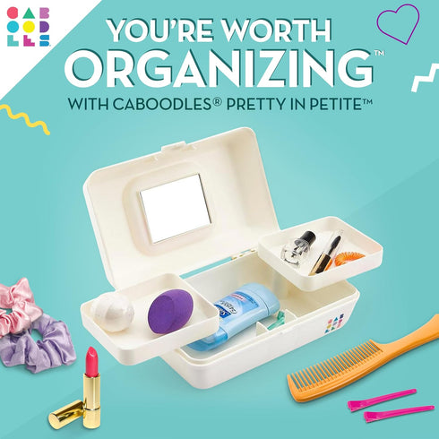 Caboodles Pretty in Petite Makeup Box, Two-Tone White on White, Hard Plastic Organizer Box, 2 Swivel Trays, Fashion Mirror, Secure Latch for Safe ...