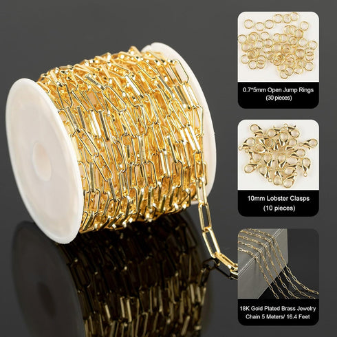 YOUBEIYEE 16.4 Feet 18K Gold Plated Brass Chain Roll Flat Paperclip Chain for Jewelry Making Handmade Women Necklace Bracelet DIY Jewelry Findings...