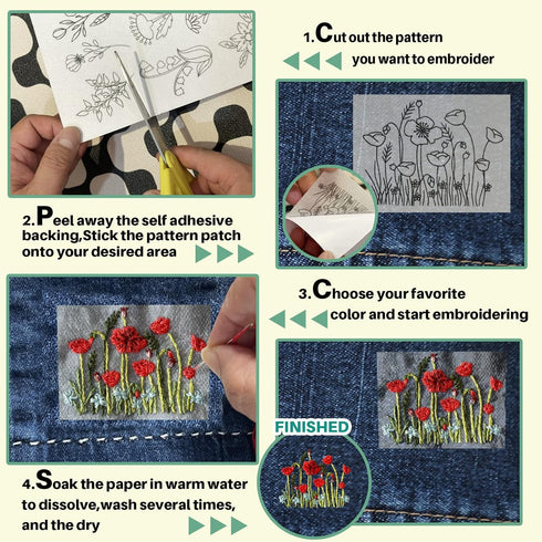 72Pcs Water Soluble Stabilizer for Embroidery Stick and Stitch Embroidery Paper Tear Away Embroidery Stabilizers with Flower Patterns for Embroide...