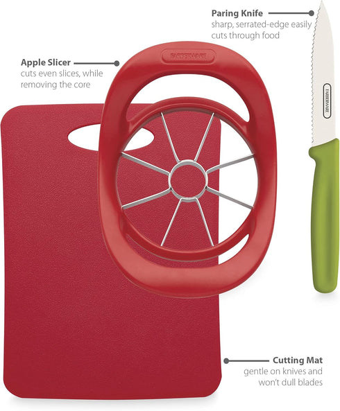 Farberware Healthy Eating Set (Apple Slicer, Paring Knife, Small Cutting Mat), 3-Piece, Red and Green...