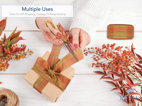 Royal Imports Fall Checkered Plaid Print Ribbon Wired, Orange/Green, 2.5" (#40) for Bow Making, Gift Wrapping, Wreaths, 25 Yd Roll (75 Ft Spool)...