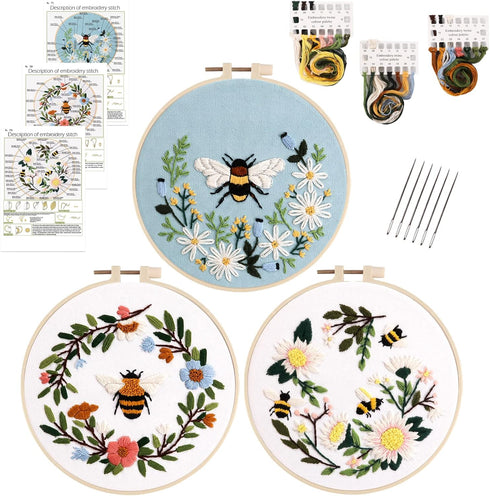 Lukinbox Embroidery Starter Kit for Beginners, 3 Sets Cross Stitch Kits for Adults, Include Embroidery Clothes with Cute Bees and Flowers Patterns...