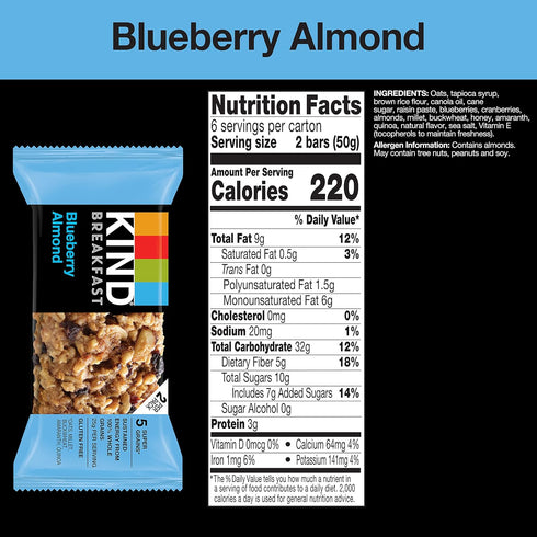 KIND Breakfast, Healthy Snack Bar, Blueberry Almond, Gluten Free Breakfast Bars, 100% Whole Grains, 1.76 OZ Packs (6 Count)...