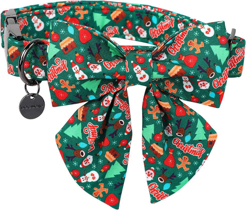 DOGWONG Christmas Holiday Dog Collar with Sailor Bowtie, Cute Cotton Dog Collar Green Santa Dog Collar Durable Soft Pet Dog Collar for Small Mediu...