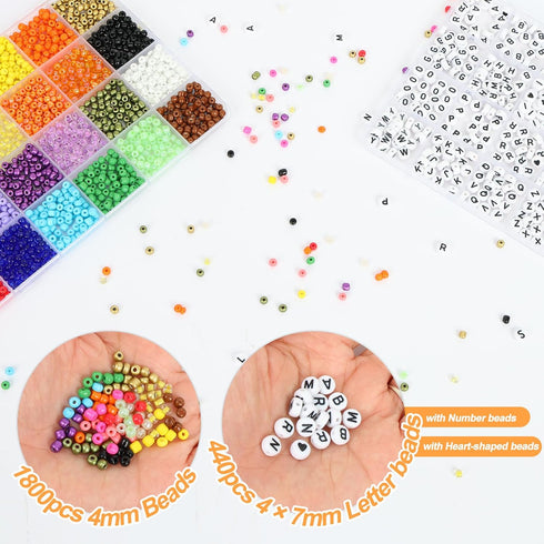 QUEFE 1800pcs 4mm Glass Seed Beads, 24colors, 480pcs Black and White Alphabet Beads Handcrafting Beads Craft Beads Kit for Jewelry Making, Bracele...