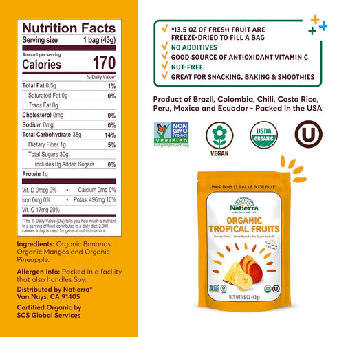 NATIERRA Nature's All Foods Organic Freeze-Dried Tropical Fruits | Non-GMO & Vegan | 1.5 Ounce...