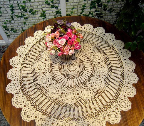 Damanni Beige Cotton Handmade Crochet Lace Tablecloth Doilies Table Overlay,Round,35 Inch...