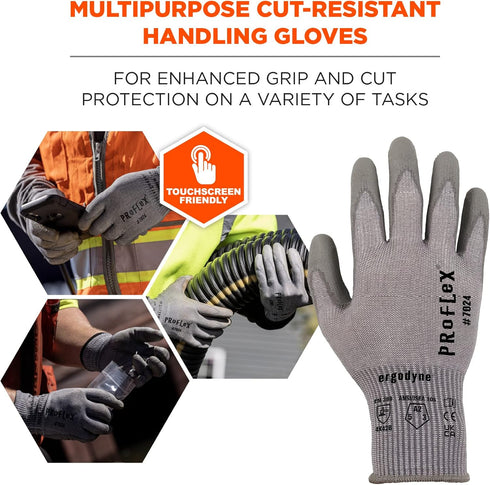 Ergodyne ProFlex 7024 Cut Resistant Work Gloves, ANSI A2, PU Coated Palms for Flexible No Slip Grip, Abrasion Resistant, 13g, Touchscreen Capable,...