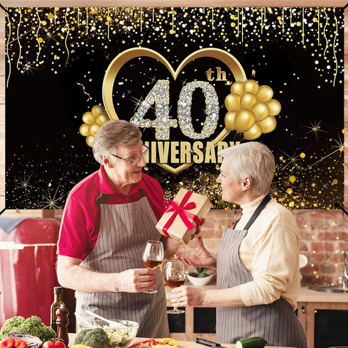 Happy 40th Anniversary Banner Backdrop Decorations, Large Wedding Background Sign Decor, Black Gold 40 Year Photography Photo Props Party Supplies...