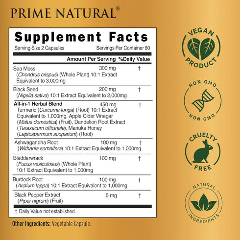 Sea Moss 3000mg Black Seed Oil 2000mg Ashwagandha 1000mg Turmeric 1000mg Bladderwrack 1000mg Burdock 1000mg Manuka Honey Dandelion ACV - 120 Capsu...