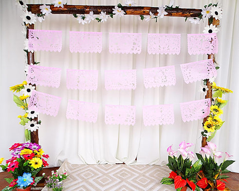 Mexican Banner Flags Light Pink Papel Picado Over 60 feet Long, Pastel Pink tissue PAPER garland decorations for all occasions, Weddings, Quincean...