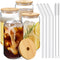 Drinking Glasses with Bamboo Lids and Glass Straw 4pcs Set - 16oz Can Shaped Cups, Beer Glasses, Iced Coffee Cute Tumbler Cup, Ideal for Cocktail,...