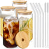 Drinking Glasses with Bamboo Lids and Glass Straw 4pcs Set - 16oz Can Shaped Cups, Beer Glasses, Iced Coffee Cute Tumbler Cup, Ideal for Cocktail,...